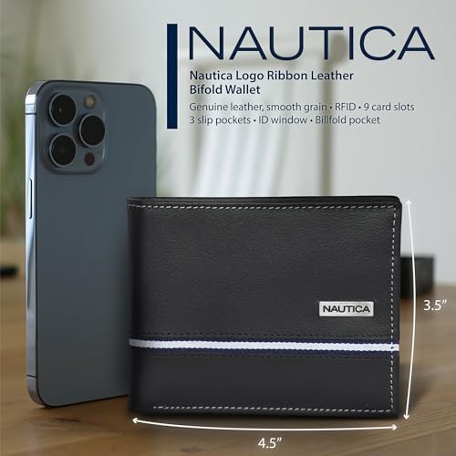 Nautica Men's Bifold Leather Wallet | RFID Blocking | ID Window | Card Slots | Organization | Durable | Stylish, Logo Ribbon - Black, One Size, Bifold Leather Wallet | Rfid Blocking | Id Window | Card