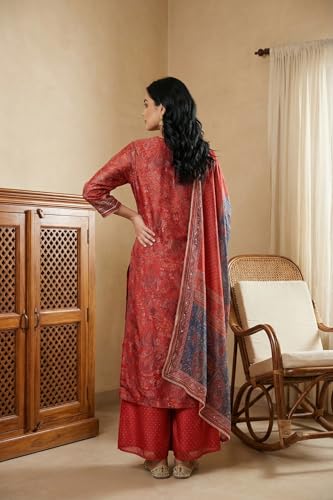 W for Woman Red Zari Embroidered Paisley Printed Chanderi Straight Kurta with Sharara and Dupatta Set - (WS14006-127292-L)