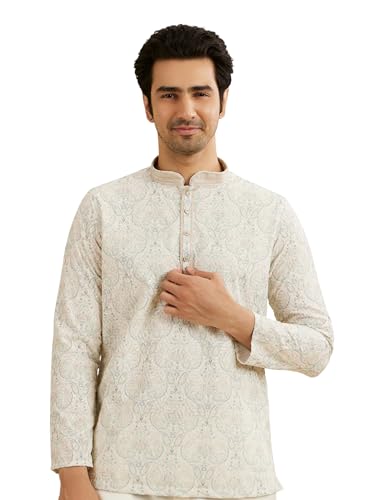 Manyavar Men's Cotton Blend Paisley Embroidery Short Kurta (Pista Green,L)