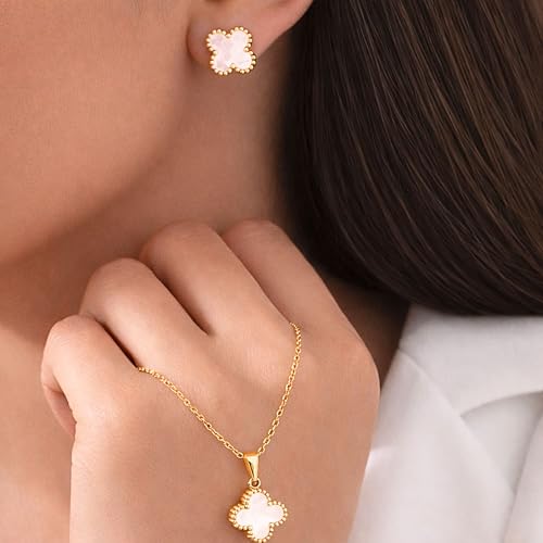 Clover Anti Tarnish Necklace Set | Clover Necklace and Earrings Jewellery Set for Women | Waterproof and hypoallergenic | Stylish Minimal Jewelry Sets | Modern Design Aesthetic Accessories | Ideal for Occasional Gifting | Comes in a gift box (Pearl White)