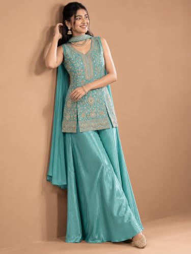 Varanga Women Sea Blue A Line Kurta Palazzos Set V Neck Sleeveless Chinon