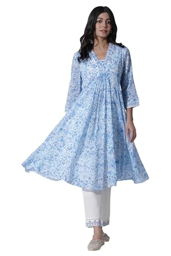 W for Woman White & Blue Printed Flared Cotton Kurta with Pants Set_24ONWS10528-123075_S