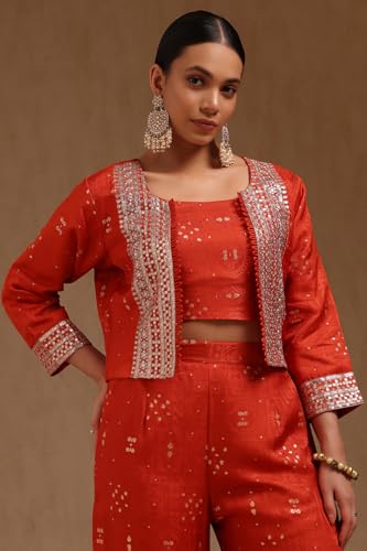 Soch Womens Orange Brocade Ethnic Motifs Co-Ord Set With Sequins