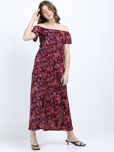 Tokyo Talkies Women Off Shoulder Neck Short Sleeve Maxi Dress TTJ6010774 Maroon S
