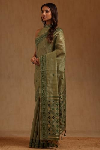 Soch Womens Green Tussar Woven Design Saree
