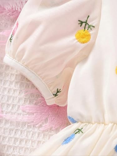 TAGAS Girls Swiss Dot Floral Print Dress Sleeve Less Round Neck Elastic Waist Dress for Girls(KD-399) (3-4 Years, of White)