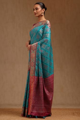 Soch Womens Turquoise Blue Silk Blend Woven Design Saree With Thread Work