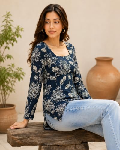 HOUSE OF RAAGA Gauri Women's Jaipuri Pure Cotton Floral Printed Peplum Kurti | Square Neck | Full Sleeves | Corset-Style Back Tie | Casual & Ethnic Wear Size,S