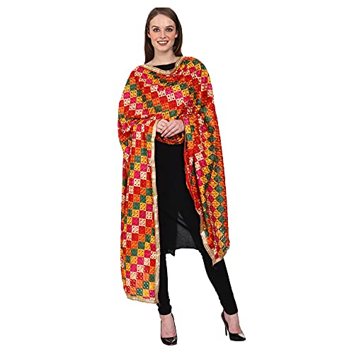 SWI WITH LABEL Women's Embroidered Phulkari Chiffon Dupatta
