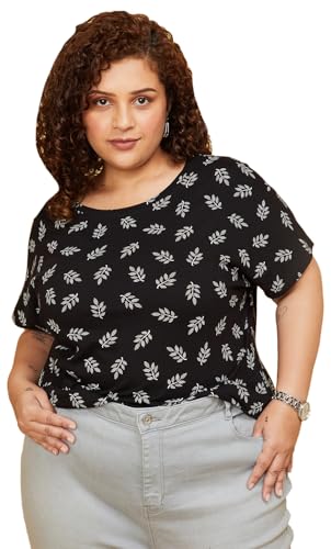 Max Women Plus Size Pure Cotton Printed Round Neck T-shirt (SP23ELITE03P_Black)