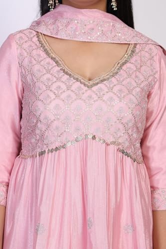 Aurelia Women's Pink Sequins Flared Top with Skirt and Dupatta Set - (AD10765-E609132-XL)