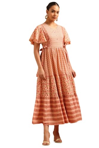 Soch Womens Peach Pure Cotton Botanical Dress with Bead