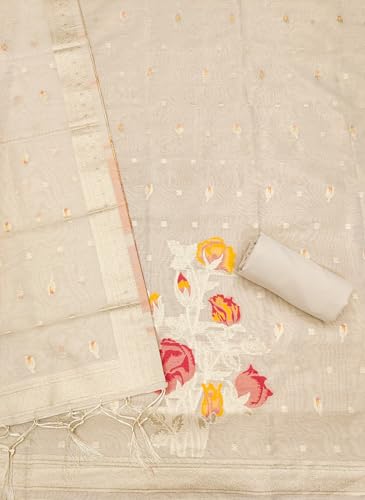 SHANTVAN GALLERY Unstitched Dress Material for Women Cotton Dress Material for Women Tissue Shimmer Top 0.5m Sleeves Semi Cotton Bottom 2.5m Jacquard Dupatta 2.3m Tassels Suit Set - White