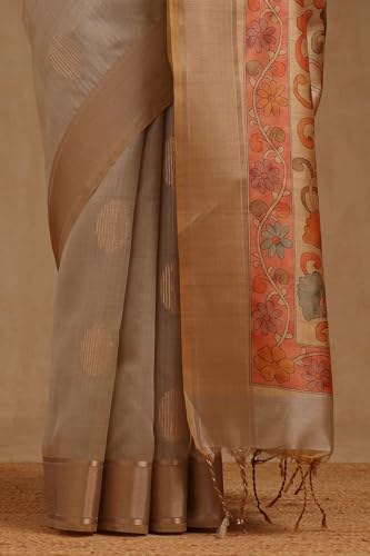 Soch Womens Grey Tussar Floral Zari Woven Saree