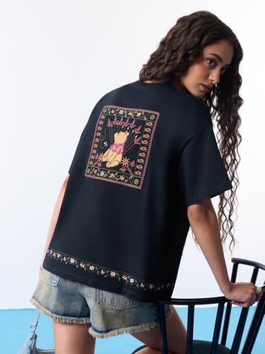 The Souled Store Winnie The Pooh: Peace: Women and Girls Short Sleeve Round Neck Black Embroidered Cotton Oversized Breathable Streetwear Casual Lounge Summer Drop Shoulder T-Shirts
