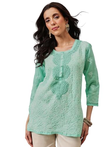 Ada Handcrafted Lucknow Chikankari Women's Straight Cotton Short Kurti Top Tunic A273668 (Sea Green, XS)
