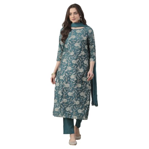 BIBA WOMEN PRINTED NARROW SALWAR KURTA DUPATTA(SKDSKD7053E_PEACOCK GREEN_36)