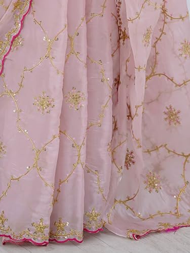 SIRIL Women's Tissue Silk Sequin Embroidery & Scalloped Border Saree With Unstitched Blouse Piece (4633S125A_Light Pink)