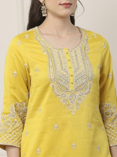 BIBA Women Yellow Silk Chanderi Straight Suit Set_34
