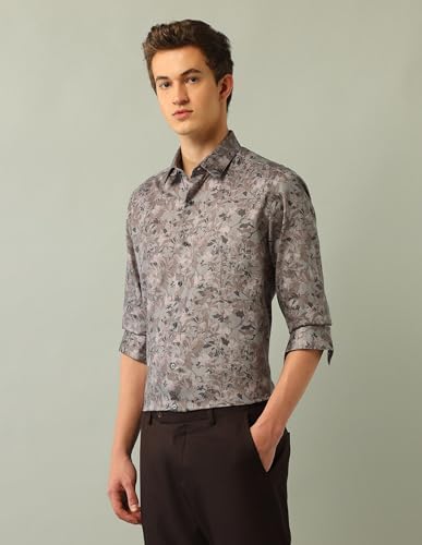 Arrow New York Men's Brown Floral Printed Spread Collar Full Sleeve Formal Cotton Slim Fit Shirt (ANAJSH1109_Brown_44)