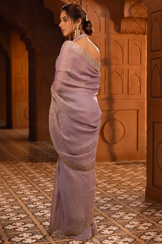 Soch Womens Light Lavender Georgette Floral Print Saree With Stone Work