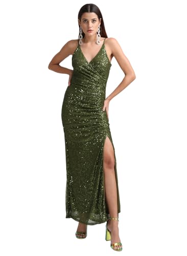 Kazo Solid Satin Round Neck Womens Maxi Dress (Olive, Small)