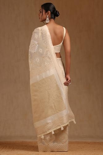 Soch Womens Cream Linen Woven Design Saree With Zari Woven