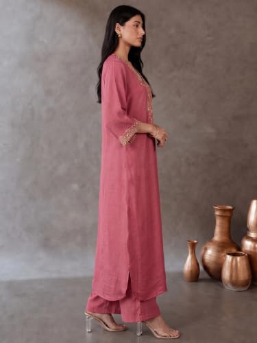 Varanga Women Kaftan Kurta Trousers Set V Neck Short Sleeves Silk Blend