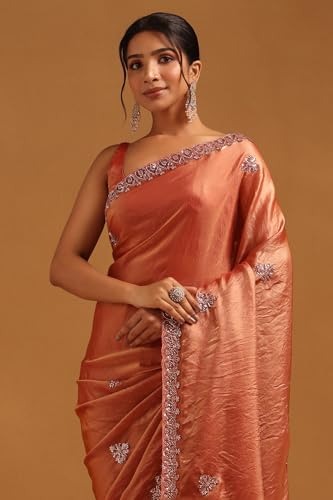 Soch Womens Rust Organza Floral Saree With Beaded