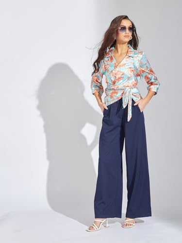 Latin Quarters Women Brown Floral Printed Collar Neck 3/4 Sleeve Top | Polyester Stretch Shirt with Side Tie & Button Closure