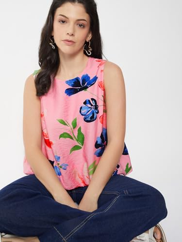 Max Women Floral Print Bubble Hem Top (Pink_M)