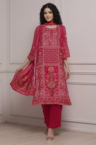 Biba Women Pink Viscose Rayon Straight Printed Suit Set_42