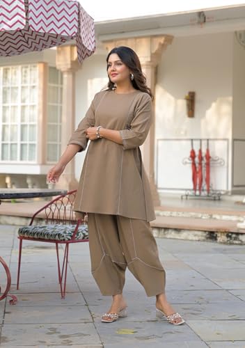ARAVALII Women's Peacock Blue Co-ord Set – Pure Cotton Slub, Round Neck, 3/4 Sleeves, Short Length Top, Styled Pants, Casual Wear (Taupe Brown, L)