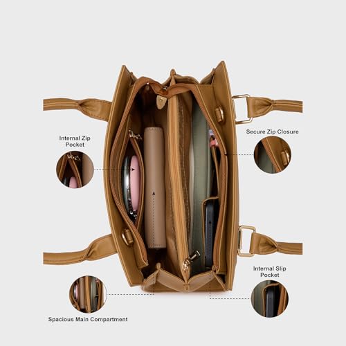 Caprese Siji Tresna Small Tote Bag for Women with Multiple Pockets | Kashida Embroidery Shoulder Bag with Adjustable & Detachable Strap and Zipper Closure | Ideal for Work, Everyday Outings (Brown)