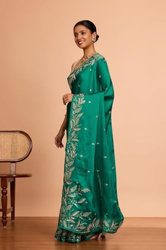 Taneira Women Green Viscose Satin Embroidered Saree With Unstitched Blouse Piece (SAPP07AC5305-Green)