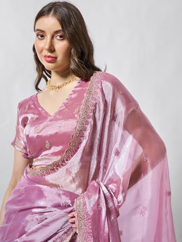 ORHANS Women's Organza Thread & Zari Embroidered Work Saree With Organza Matching Embroidered Work With Unstitched Blouse Piece