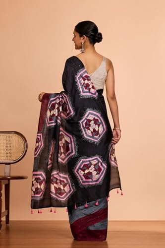 Taneira Women Black Murshidabad Pure Silk Hand Painted Mukesh Saree with Unstitched Blouse Piece (SAIH01AC1396-Black)