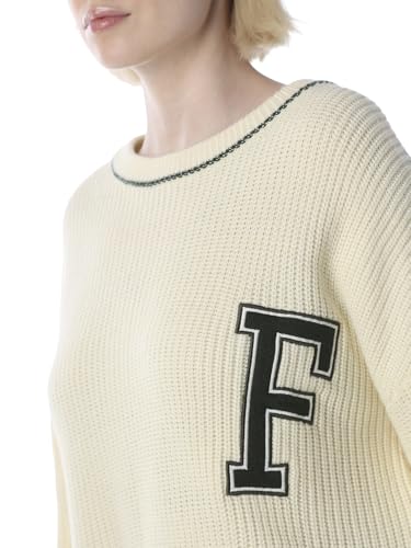 ONLY Women's Typography Relaxed Fit Beige Sweater