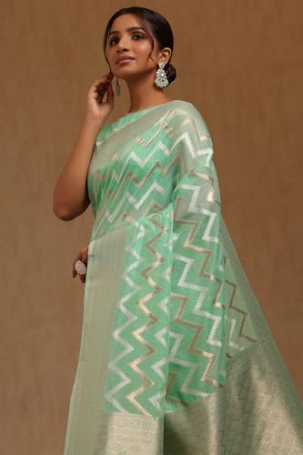 Soch Womens Light Green Linen With Zari Woven Saree With Zari Woven
