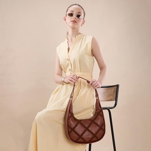 Caprese Athena Medium Hobo Bag for Women | Stylish Shoulder Bag with Plush Chenille Embroidery with Secure Zip Closure | Multi-Compartment Designer Handbag for Work & Travel (Tan)