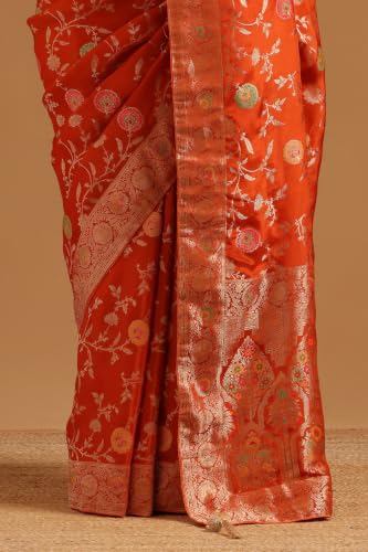 Soch Womens Orange Crepe Botanical Zari Woven Saree