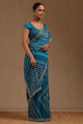 Soch Womens Teal Blue Georgette Leheriya Print Saree With Thread Work