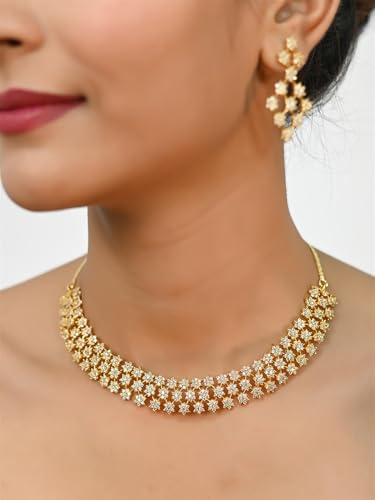 Ratnavali Jewels American Diamond White Necklace Pendant Set with Earrings for Women