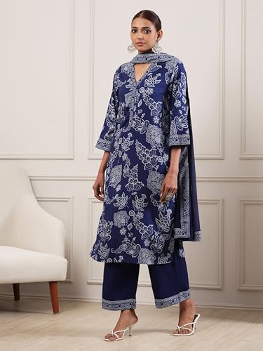 Biba Women Navy Blue Viscose Rayon Straight Suit Set_36