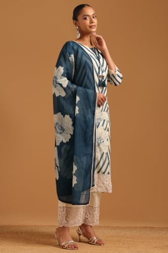 Soch Womens Teal Cotton Blend Printed Chevrons Machine Weave Sequence Work Salwar Suit