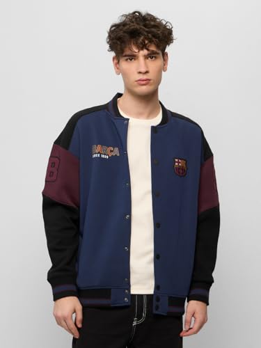 The Souled Store FC Barcelona: Barca Men and Boys Long Sleeves Band Collared Button Front Blue and Maroon Printed Oversized Varsity Jackets