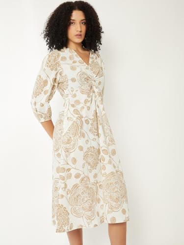 Max Women Printed A-line Midi Dress(Beige_M)