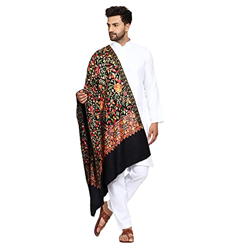 SWI WITH LABEL Men's Kashmiri Aari Embroidered Wool Shawl (I5222_Black_Free Size)