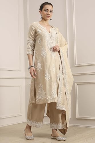 Biba Women Natural White Chanderi Straight Dyed Suit Set_42
