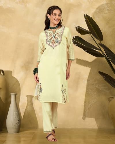 SheWill Kurta Set for Women Off White Silk Blend Zari Sequence Thread Embroidered Kurta with Pant and Dupatta